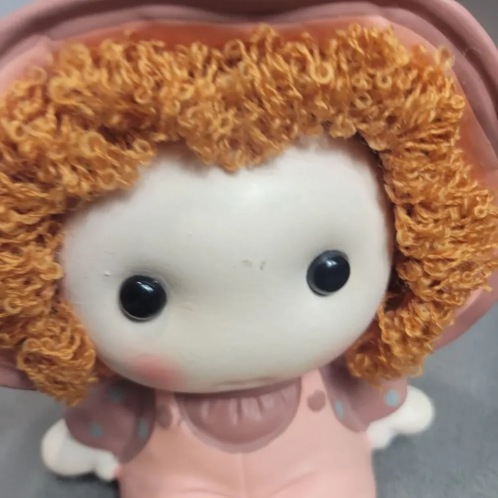 Vintage Ceramic Rag Doll Coin Bank Pink Green Brown Curly Haired Girl Collection